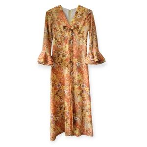 Vintage 70s Orange Floral Bell Sleeves Maxi Dress Size XS
